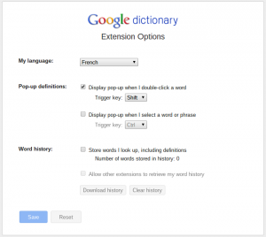 Google Dictionnary Paramètres