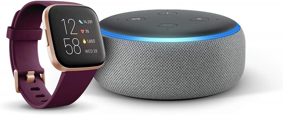 Echo Dot (3ème génération), Enceinte connectée avec Alexa, Tissu gris chiné + Fitbit Versa 2 Bordeaux