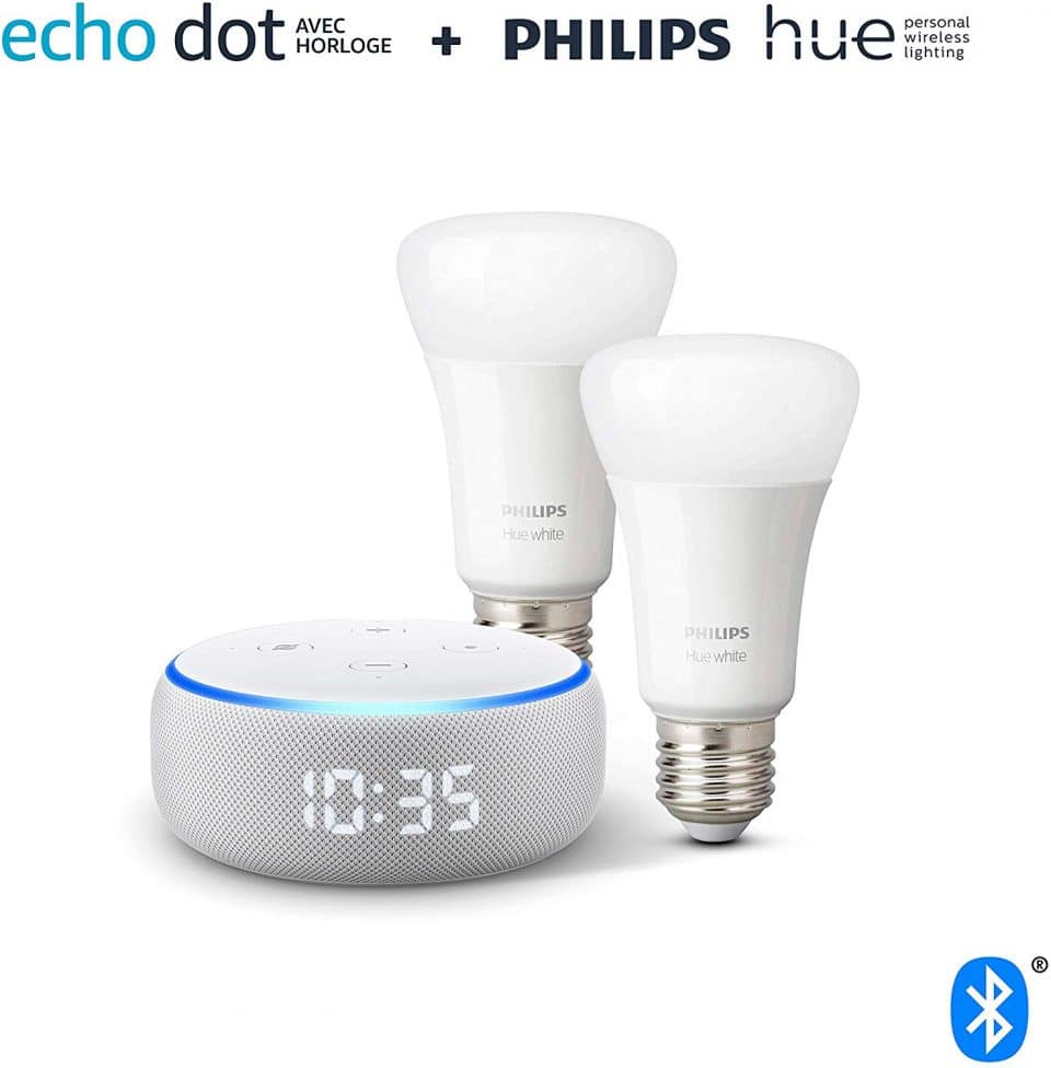 Echo Dot (3ème génération), Enceinte connectée avec horloge et Alexa + Philips Hue White Pack de 2 ampoules LED connecté