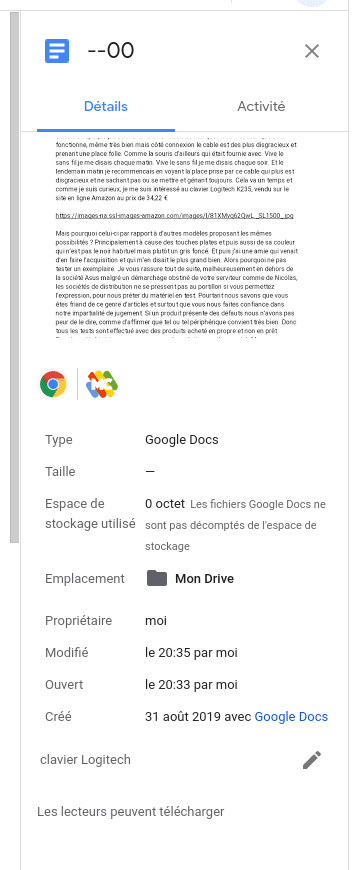 Présentation partie droite dans le Drive d'un fichier Google Docs