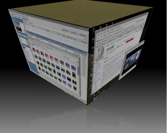 Dans cet exemple, un système d'exploitation de type Unix utilise le système de fenêtrage X et le plug-in de cube Compiz pour décorer l'environnement de bureau KDE.
﻿