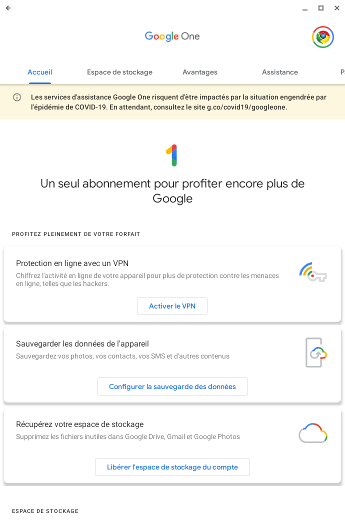 La page d'accueil de Google One proposant d'utiliser le VPN